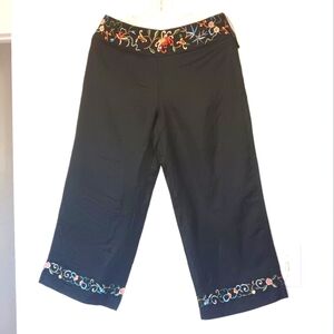 Alexandra Bartlett pants, wide boot, Boho floral embroidery, linen rayon sz 6.